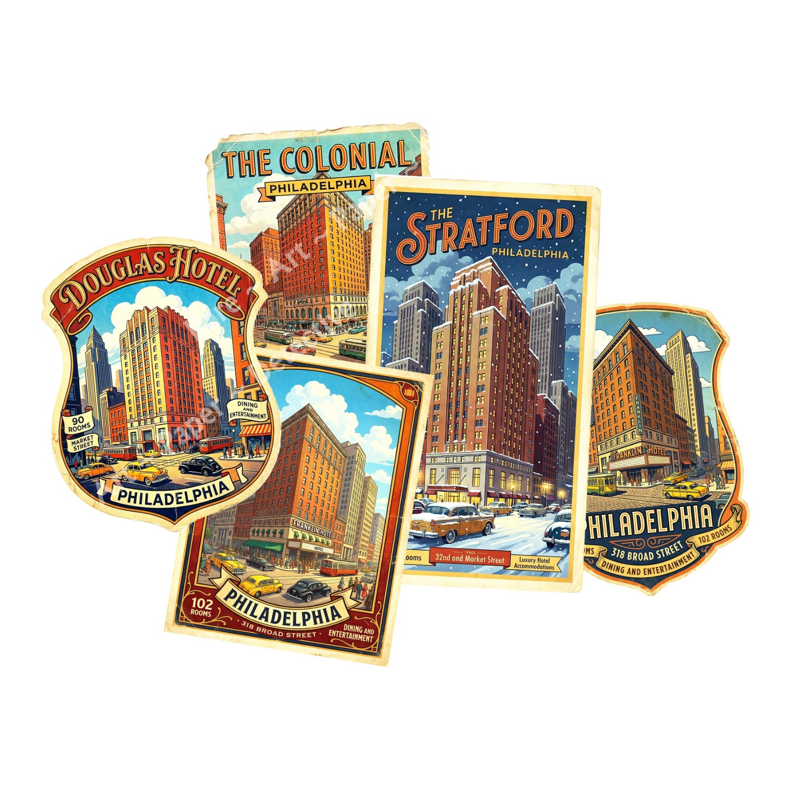 Philadelphia Hotel Luggage Stickers, 5 Labels, Cut and Peel Sheet, 1173