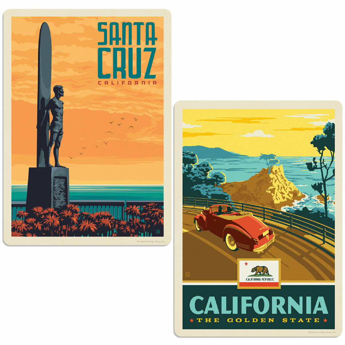 Santa Cruz California Surfer Statue Sticker Set of 2 Suitcase Decals