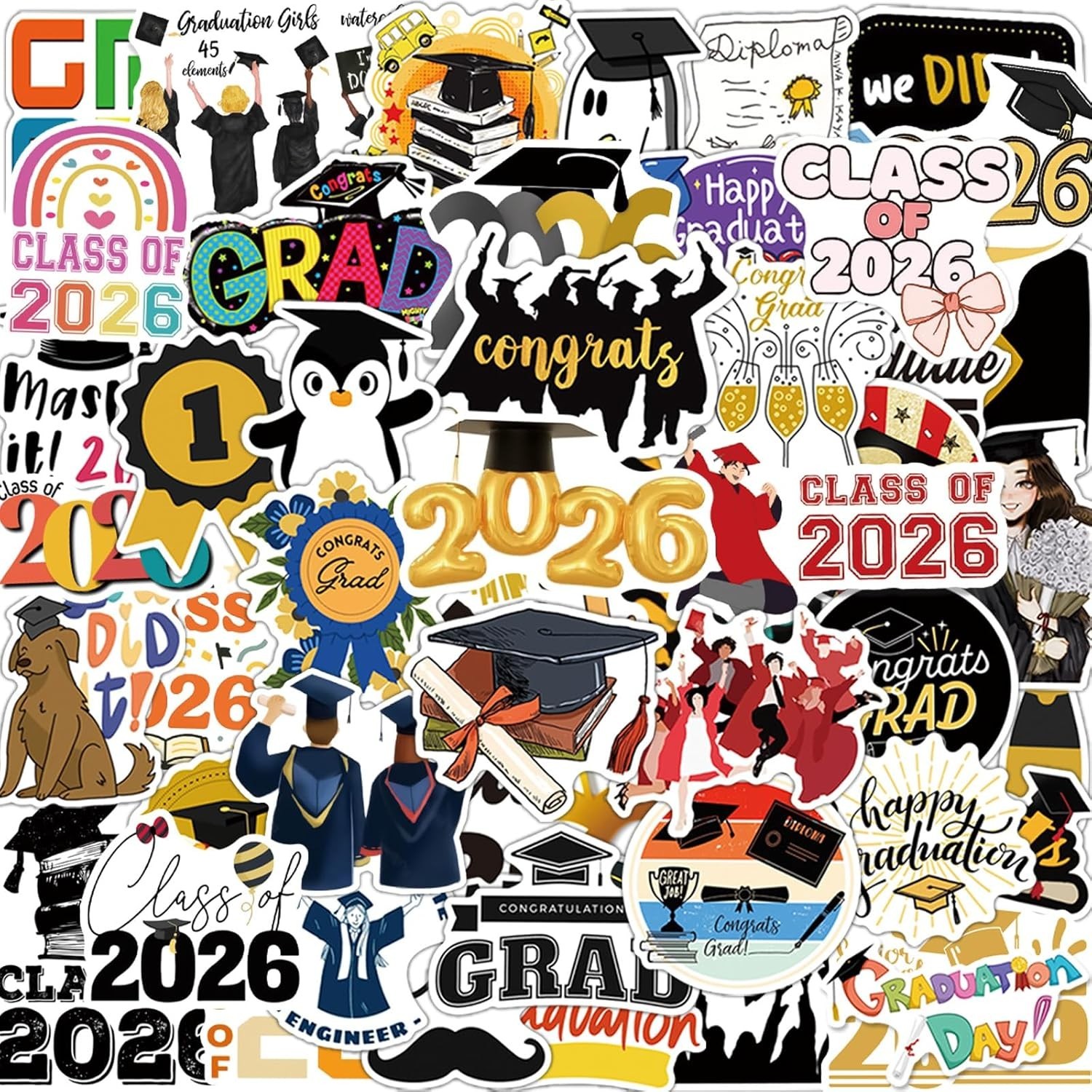 50PCS Class of 2026 Graduation Stickers | Waterproof Vinyl Decals for Party
