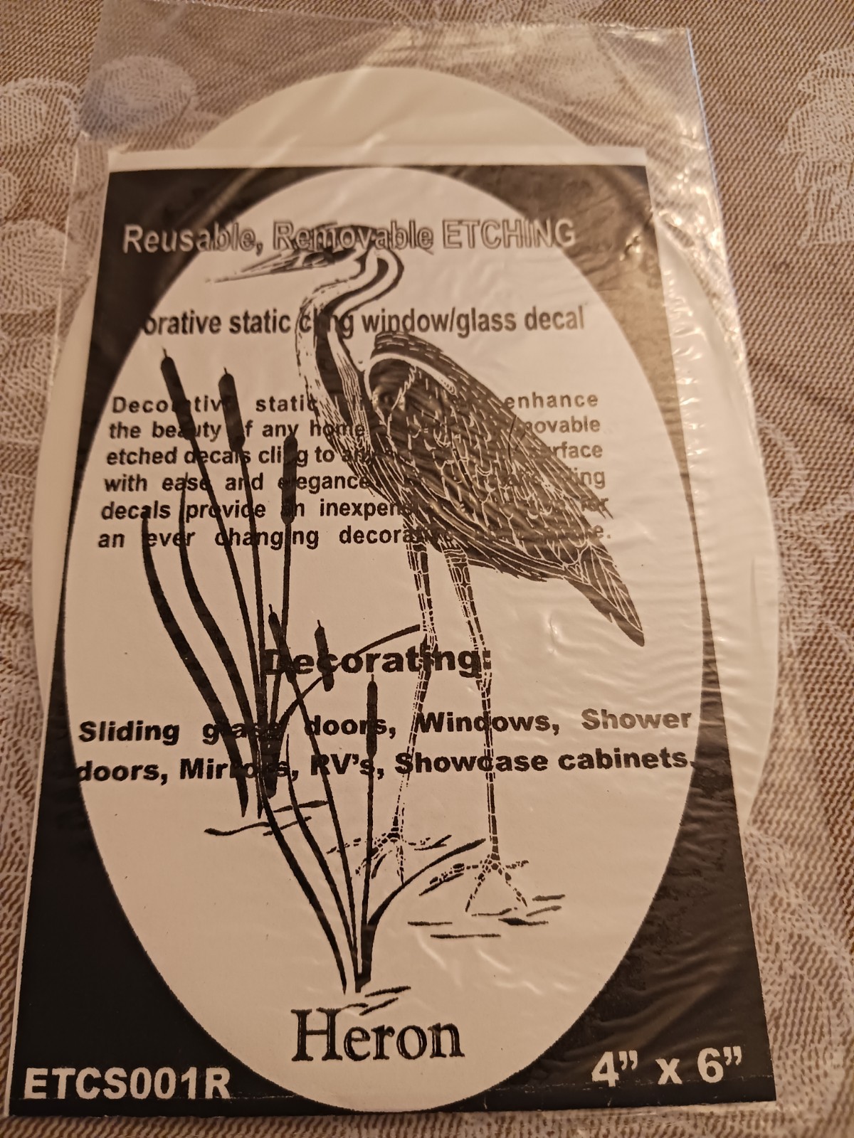 Heron Right Window Decal 4″x6″ OVAL Etched Glass Look Cling Removable &Reusable