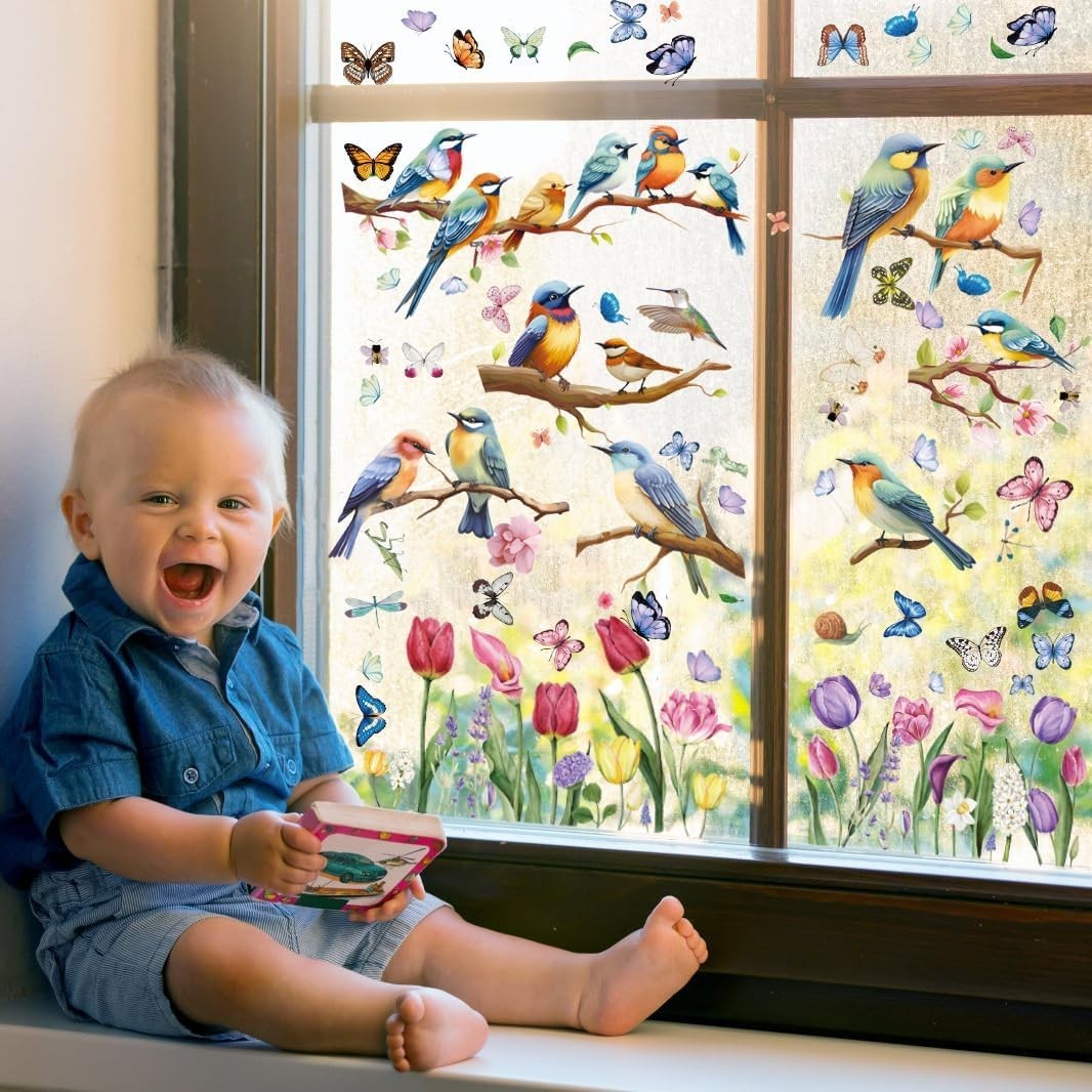 Spring Window Cling Sticker – 78PCS Tulip Butterfly Flower Hummingbirds Windo…