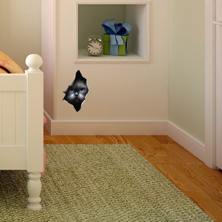 Grey Cat Peeking Through Hole in Wall – Wall Decal High Quality Removable Vinyl
