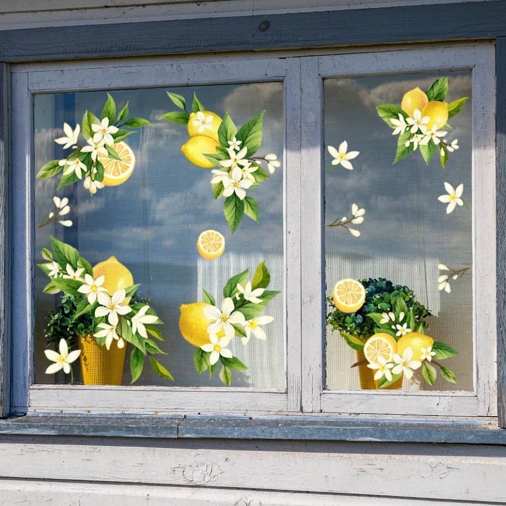 Static Cling Decal Yellow Lemon and Floral Branch for Kitchen Living Room Decor