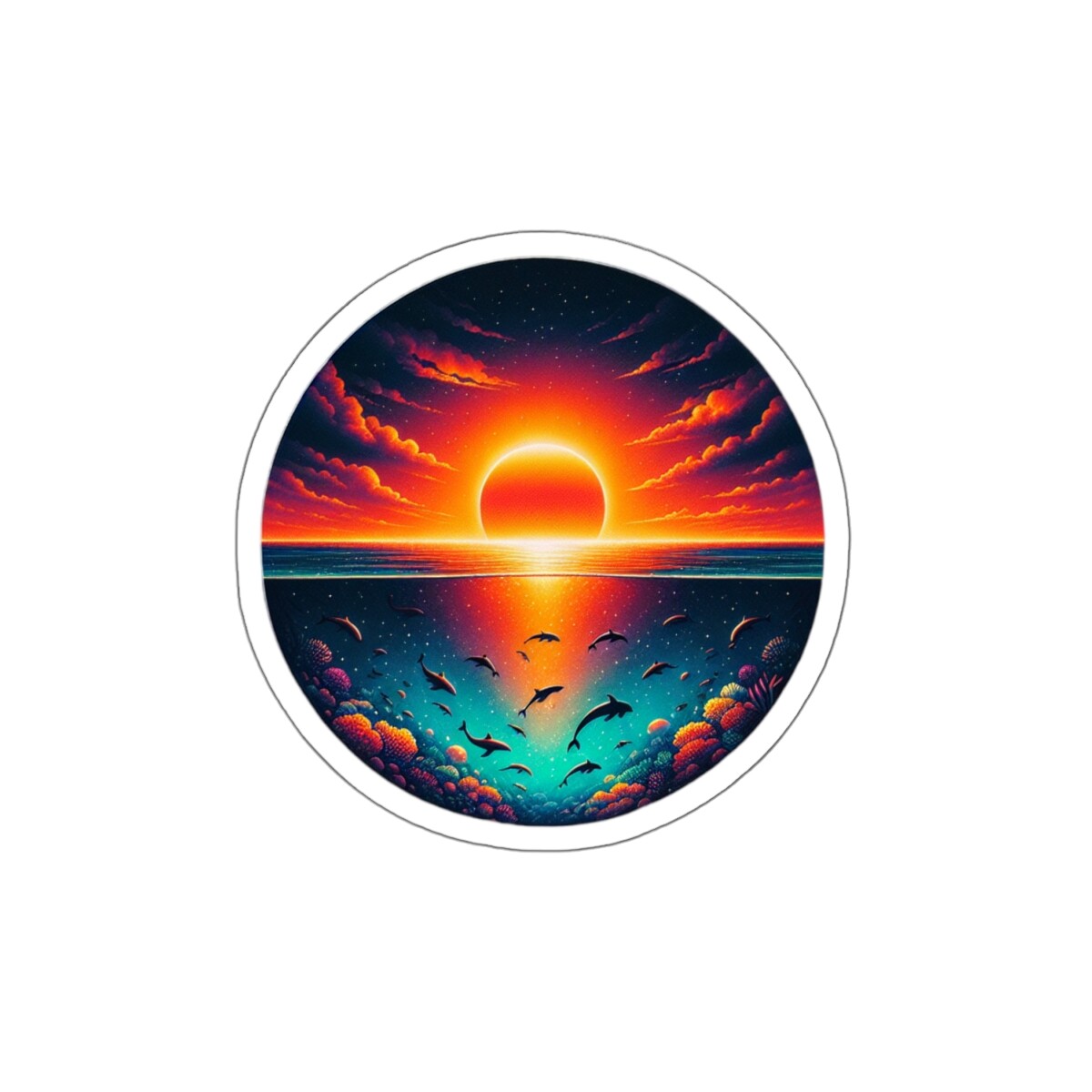 Sticker Sunset Ocean Life Circular Underwater Scene Nature 2×2″ 3×3″ 4×4″ 6×6″
