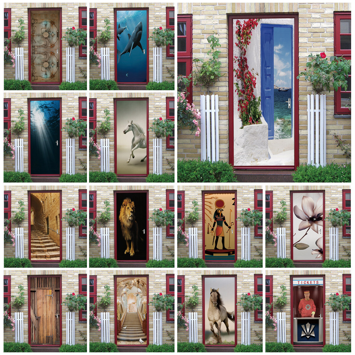 Self Adhesive Greek Aegean Houses Door Sticker Wall Murals Waterproof Wallpaper