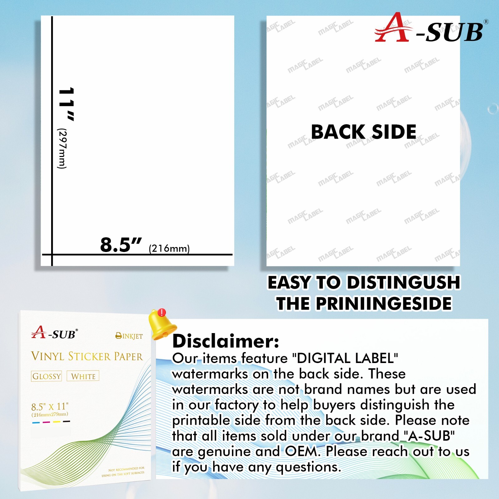 A-SUB Printable Vinyl Sticker Paper Glossy White 100 Sheet 8.5×11 Inkjet Printer