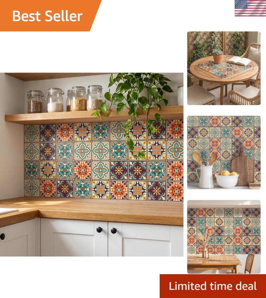 Vibrant Bohemian Tile Wall Stickers – 30-Pack Waterproof & Residue-Free, 4×4″