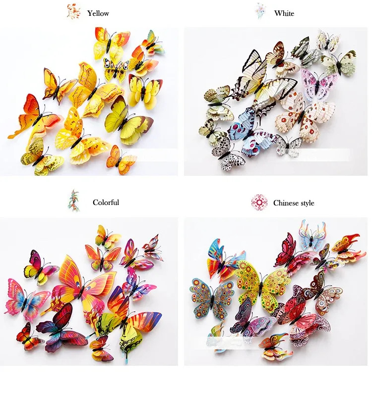 New Style 12Pcs Double Layer 3D Butterfly Wall Stickers Home Room Decor