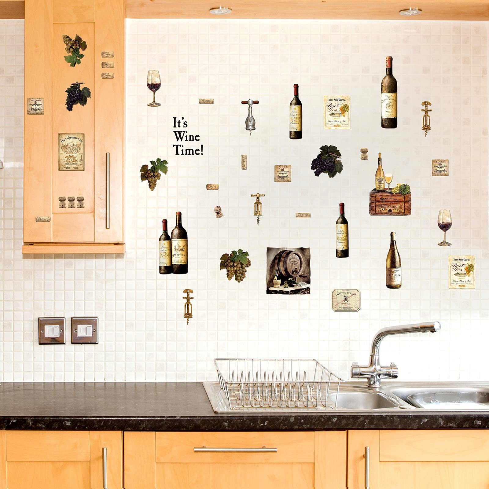8 Sheets Wine Bottle Kitchen Wall Decals Grape Fruit Stickers Multicolor