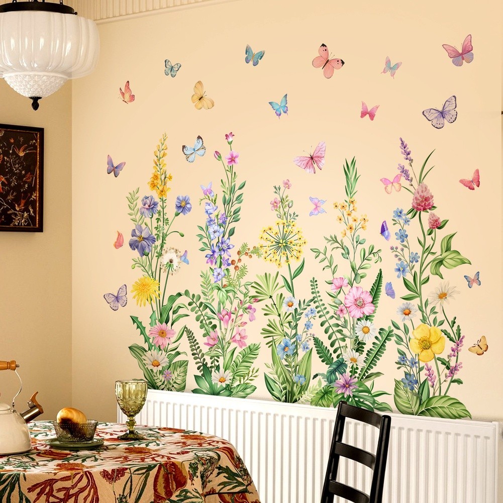 Easy Apply Wildflower Butterfly Wall Decals 47.2 x 35.4 in PVC Material