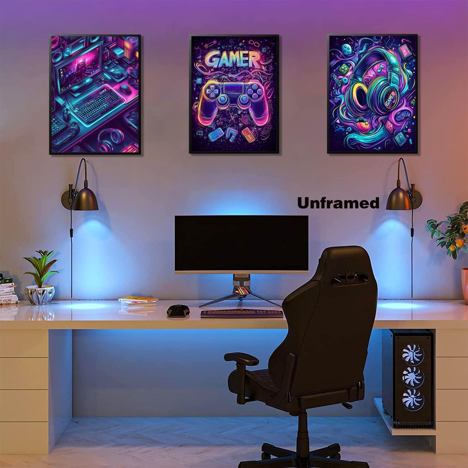 GAMER Gaming Room Canvas Wall Art Set of 3, Game Posters Wall Decor, Gamer Pa…