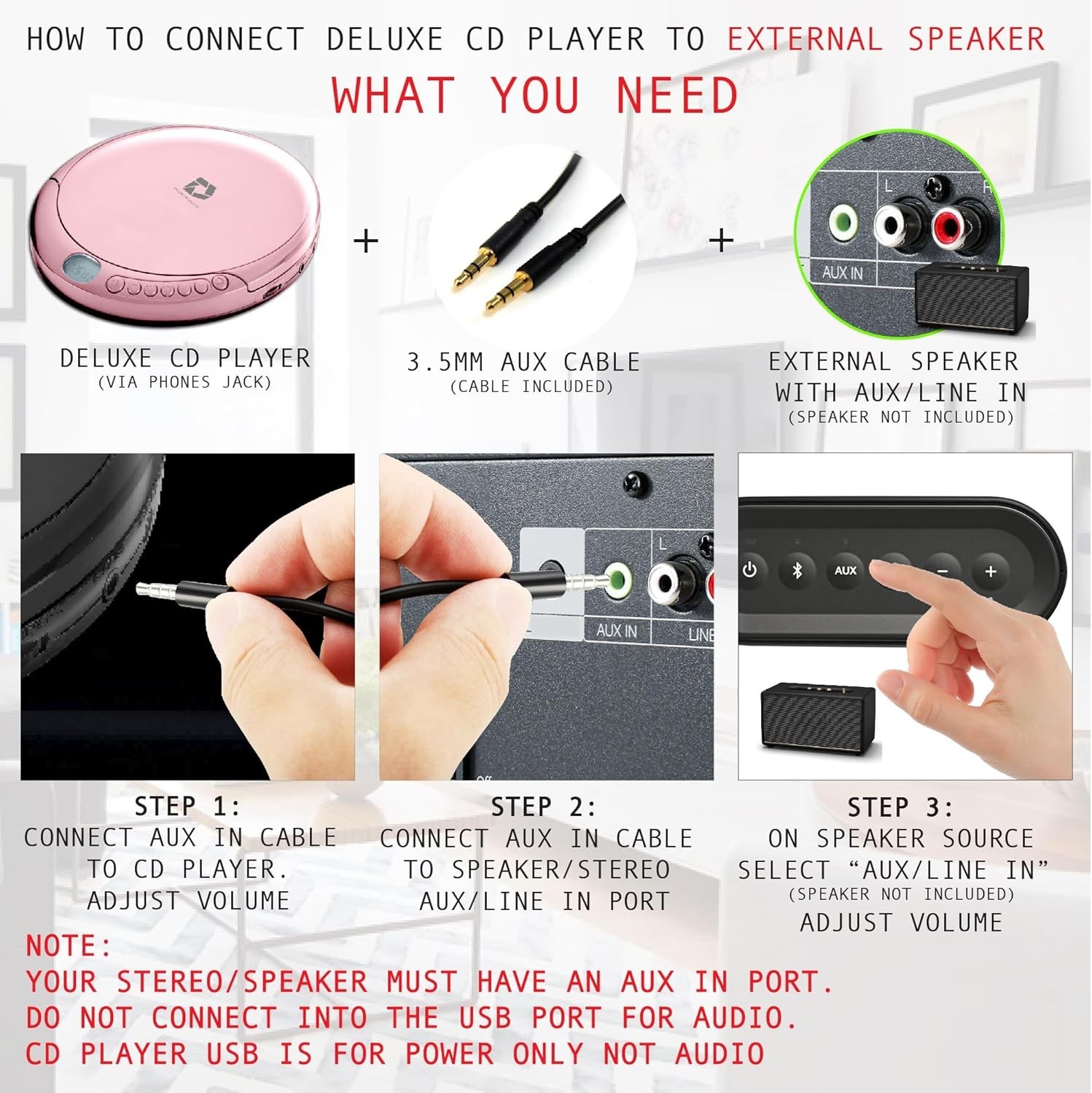 Portable CD Player, Anti-Skip, Stereo Earbuds, Aux & USB Cable, Home/Car, Pink