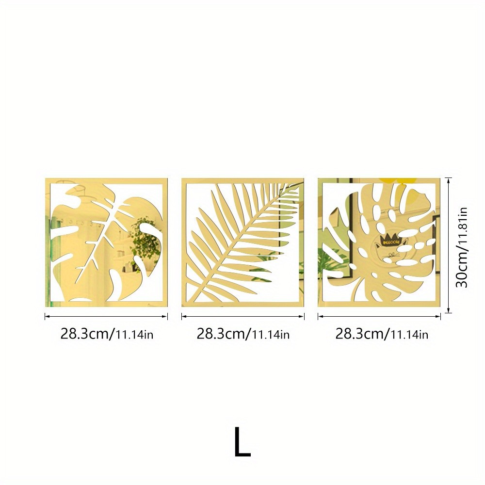 Tropical Foliage Square Mirror Wall Decals 3Pcs Household Wall Art Decoration
