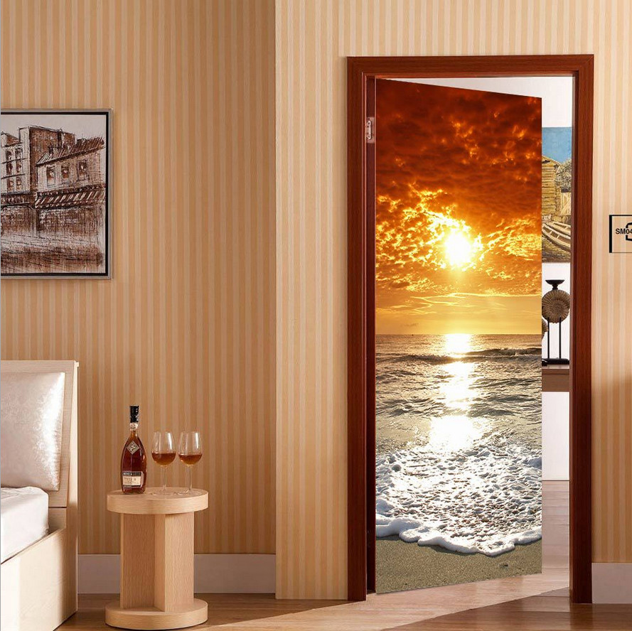 PVC Tropical Ocean Beach Door Sticker Art Wall Decals Mural 3D Home Room Decor