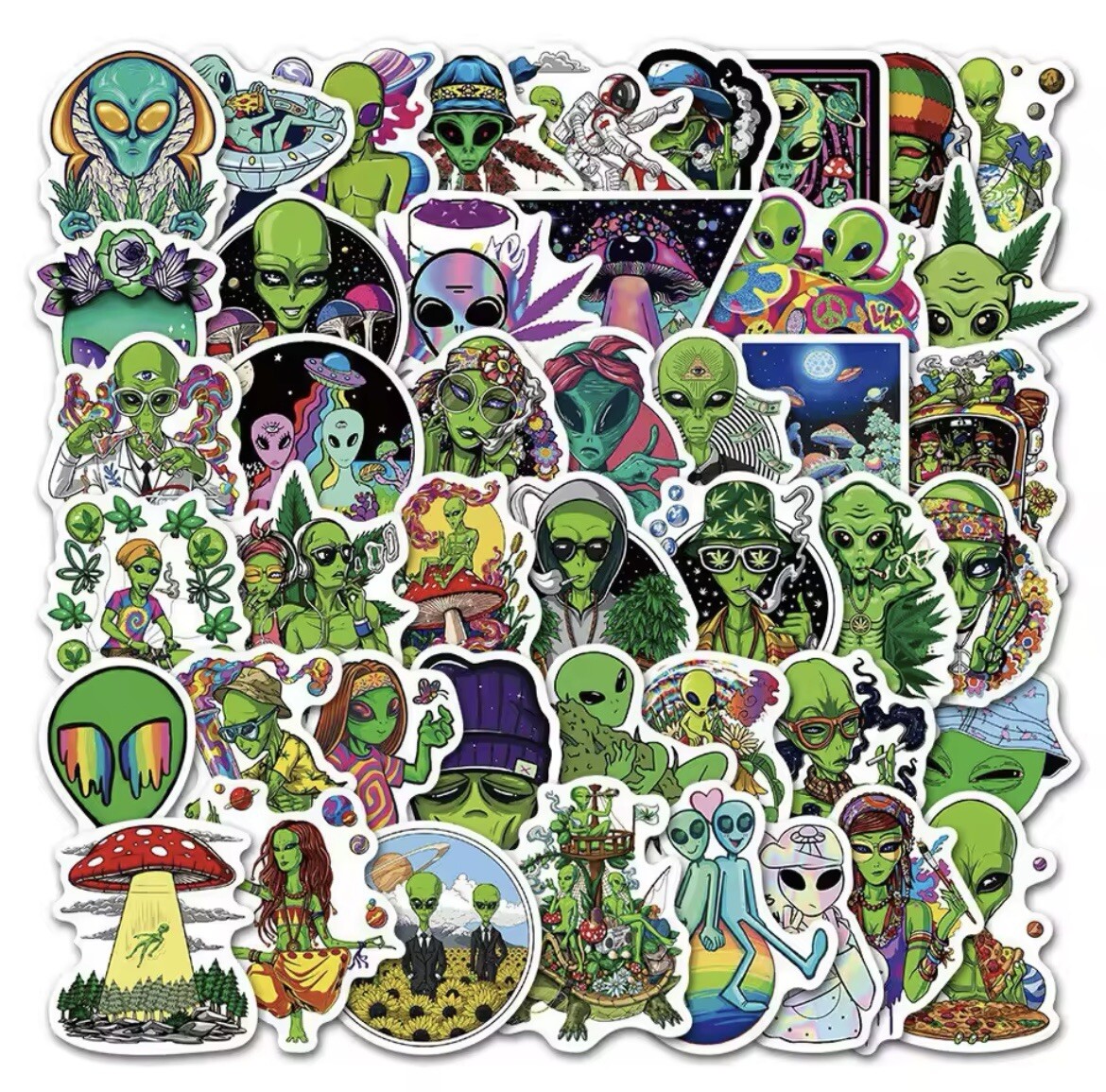 Alien Trippy Cartoon Stickers 50pk Mixed Random Aliens Smoking Trippy Stickers