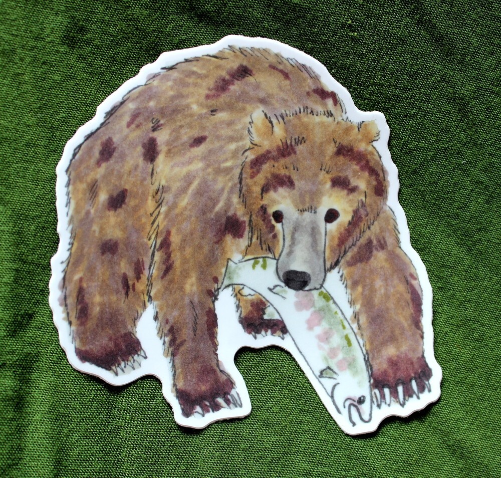 Brown Grizzly Bear with Salmon 4″ Vinyl Sticker