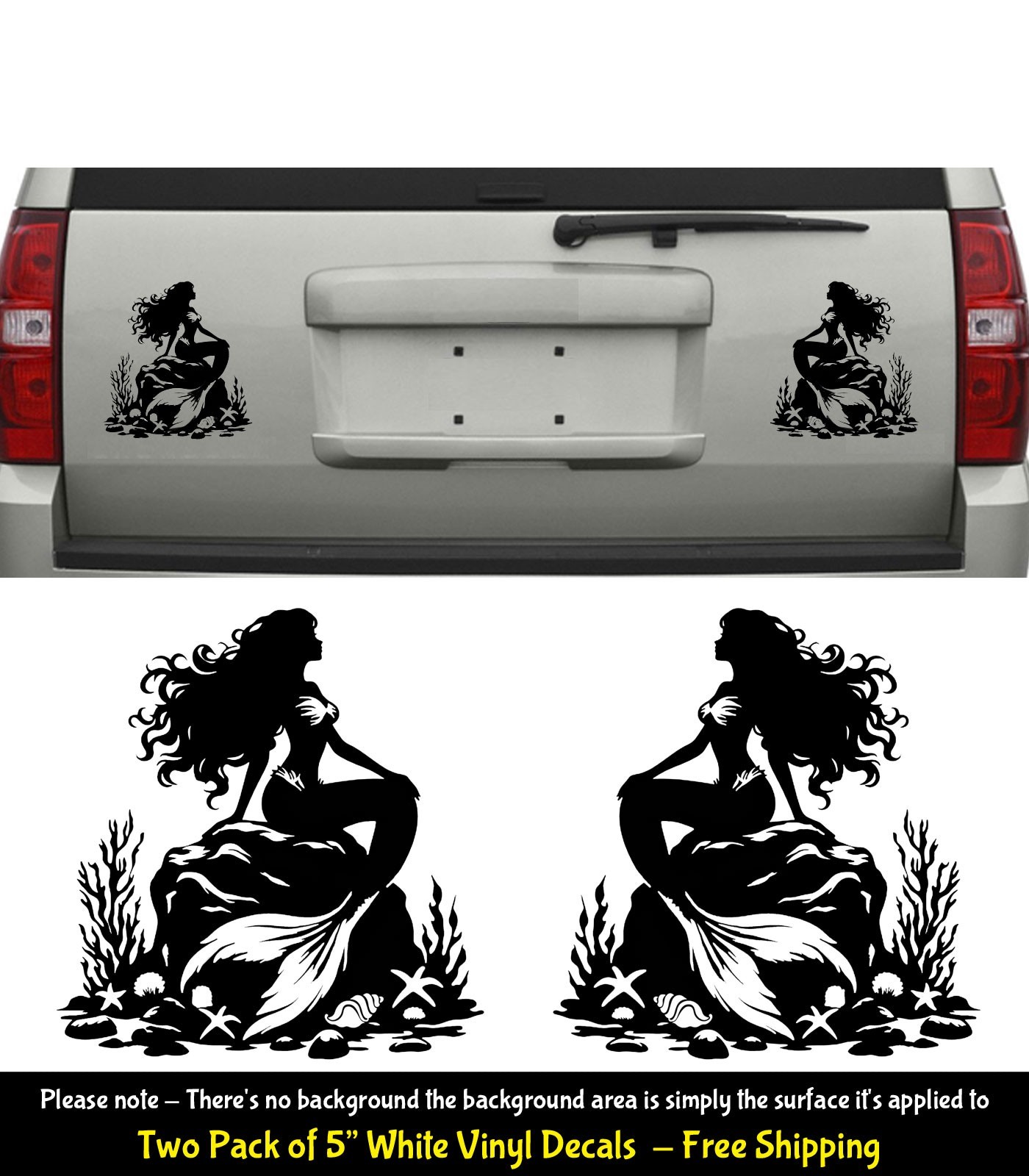 Mermaid on a Rock Aquatic Life Two 5″ Black Vinyl Decals Window Any Flat Surface