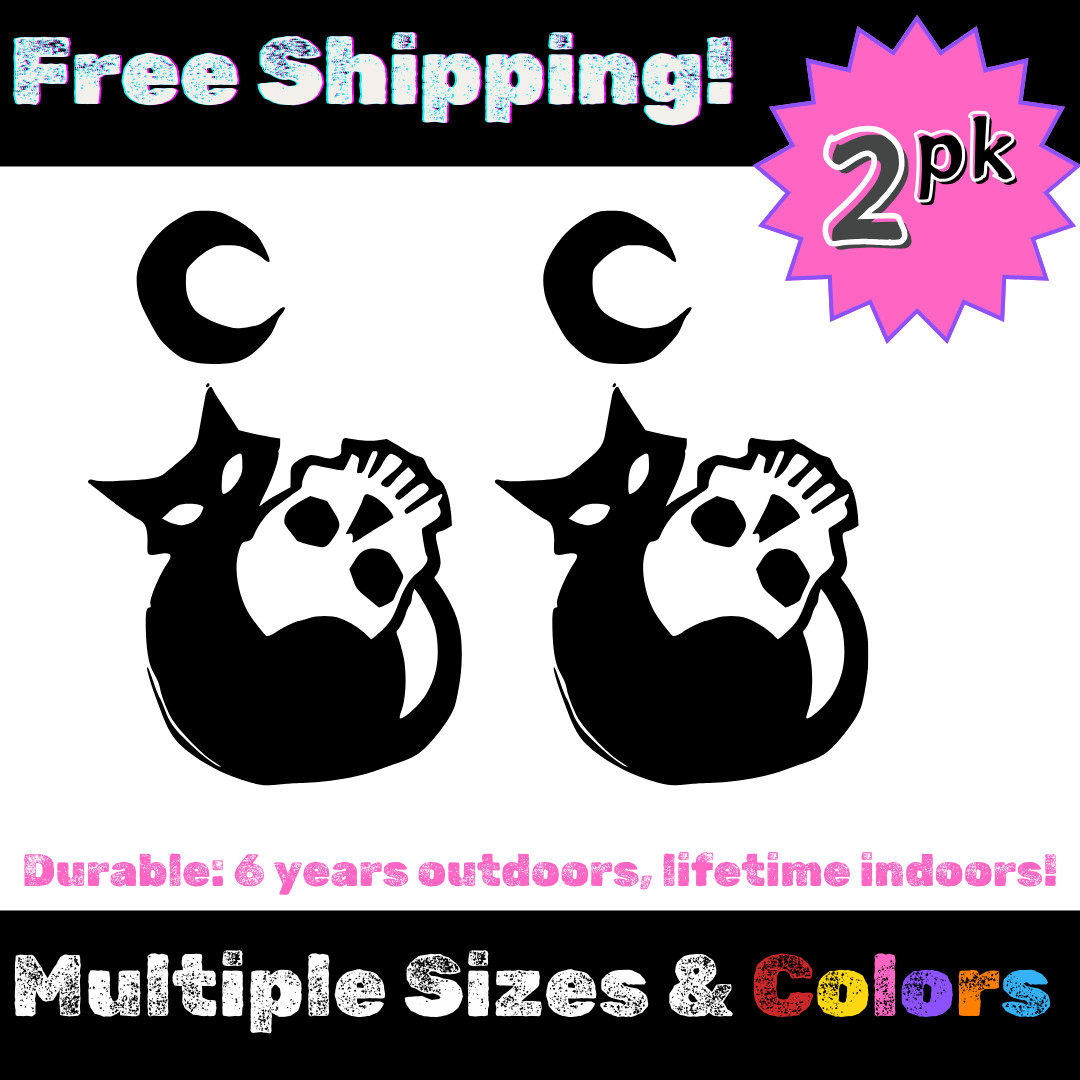 2x Cute Black Cat with Skull Stickers – Water Bottle, Laptop, Car, Witch, Decals