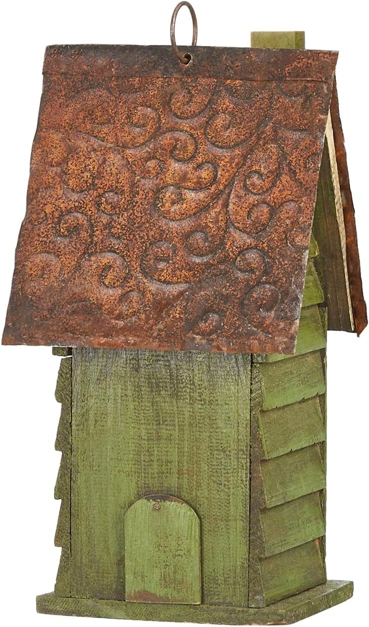 12″ H Green Hanging Distressed Solid Wood Garden Bird House Decorative Birdhouse