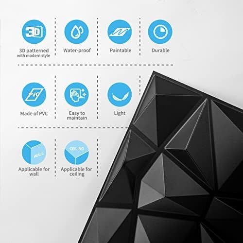 Decorative 3D Wall Panels in Diamond Design, 12″X12″ Matt Black for Home and Off