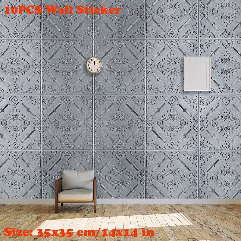 10PCS 3D Embossed Foam Wall Sticker Panels Self-adhesive Wallpaper Ceiling Decal
