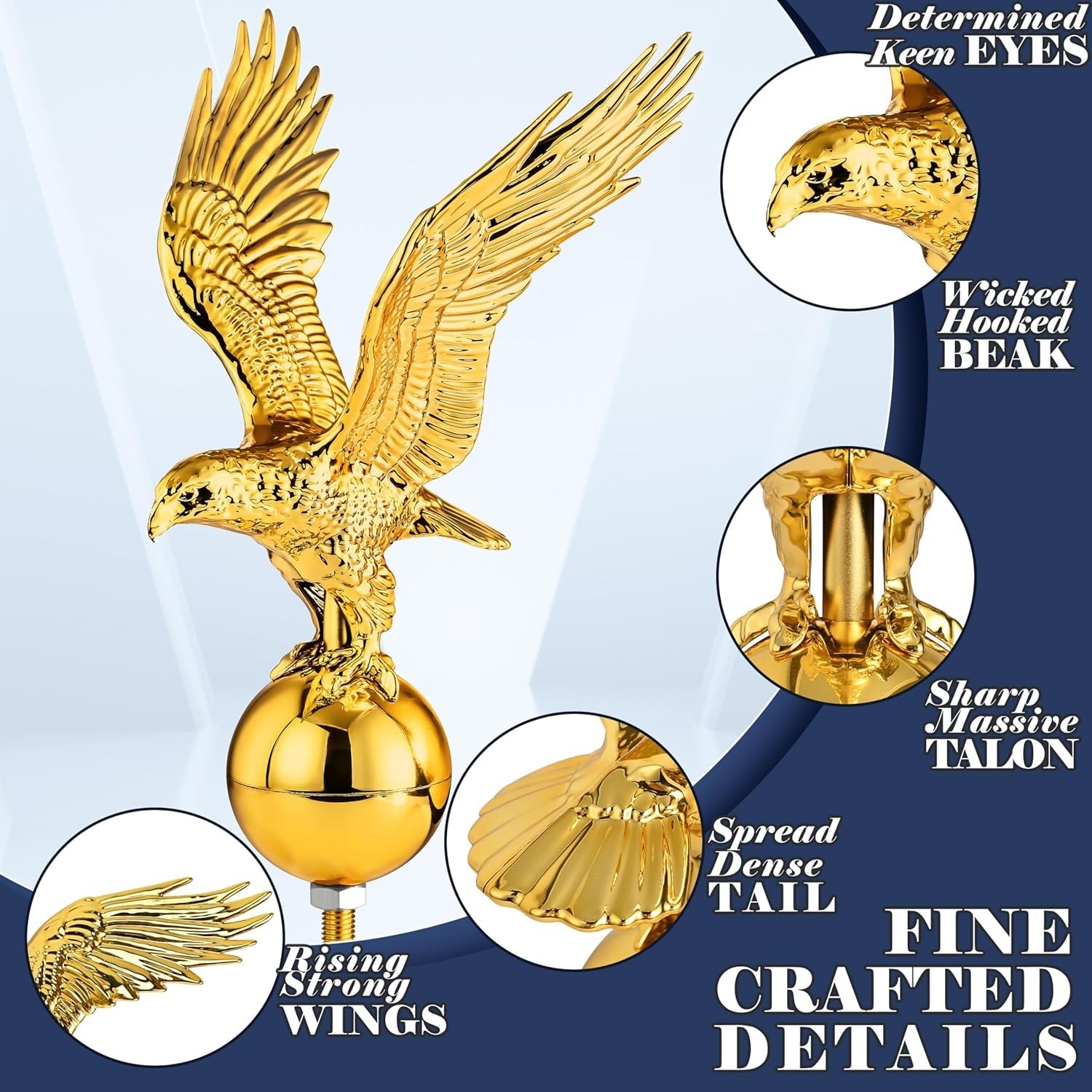 Gold Flag Pole Eagle Topper 11″, Gold Ball Topper 3″,1/2″-13 Threaded Screw w/He