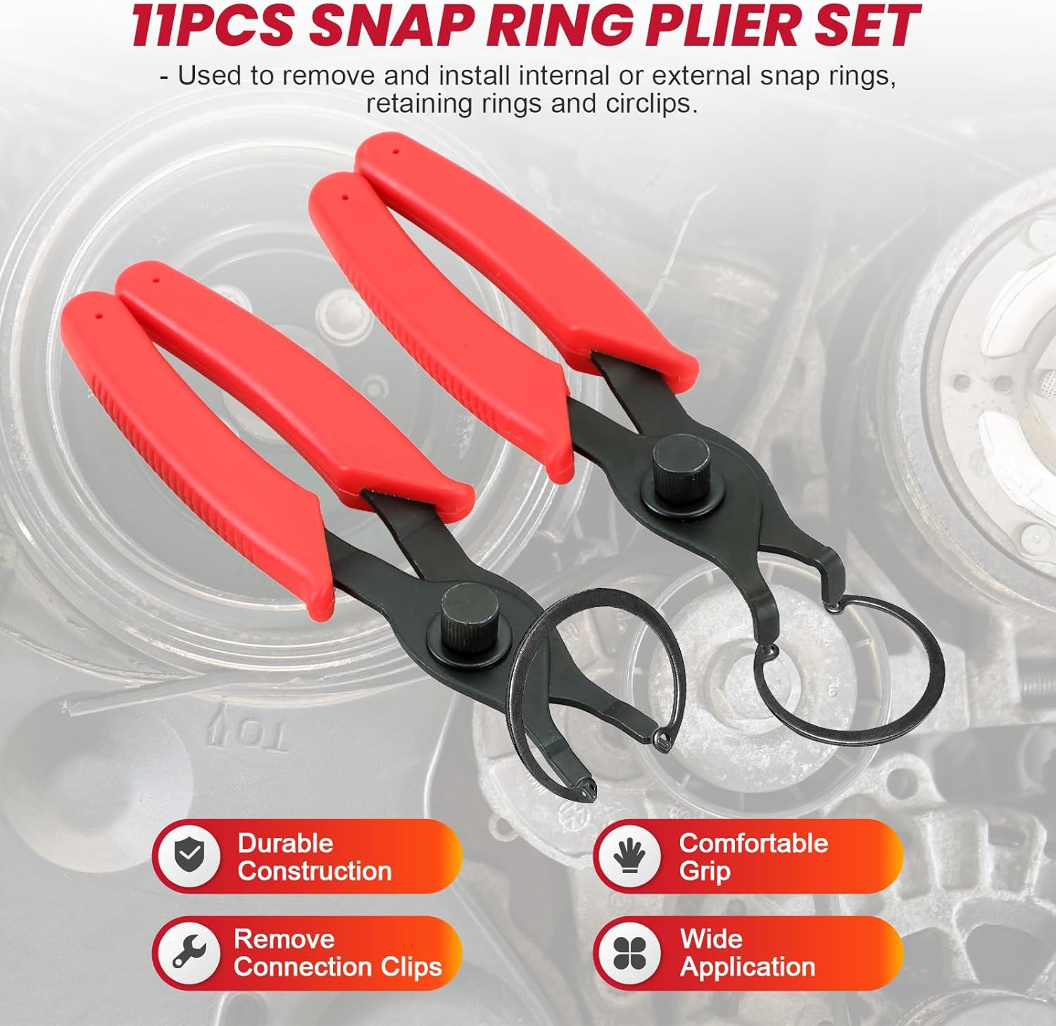 Snap Ring Plier Set 11PCS Straight & Bent Retaining Ring Pliers W/Hook & Pick He