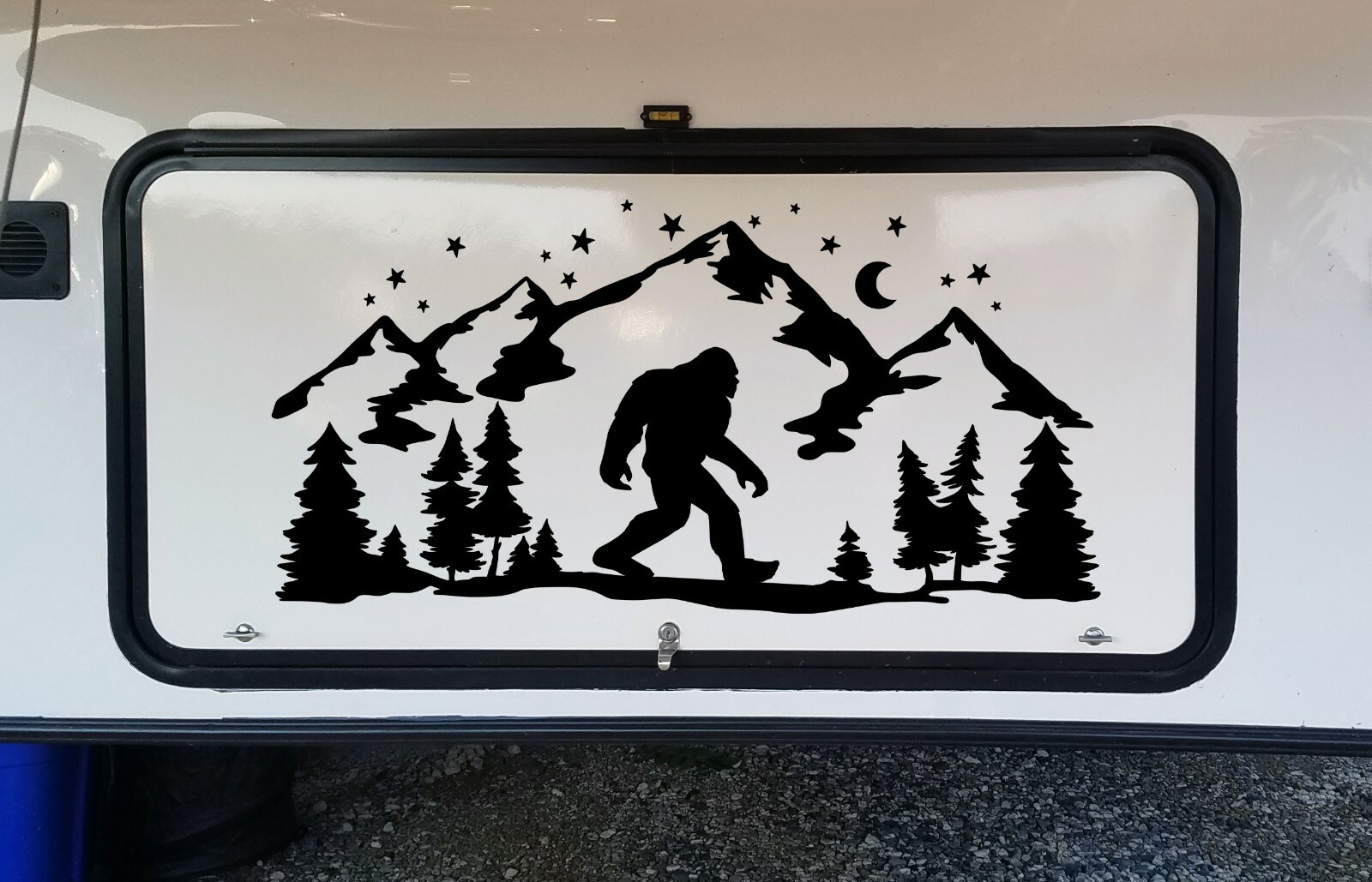 Bigfoot Mountain Moon Stars Scene Vinyl Decal V5 – Sasquatch RV Camper Graphics