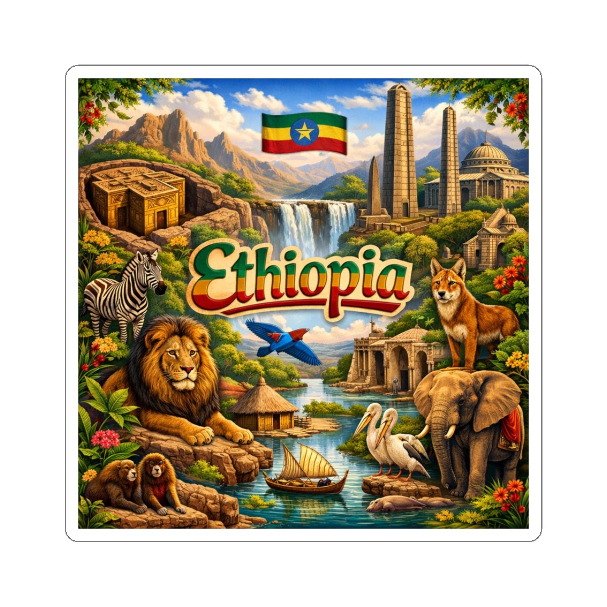 Ethiopia Sticker | Travel souvenir, flag, landmarks, animals