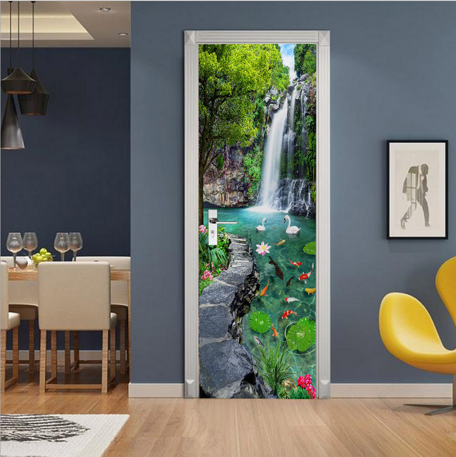 3D Self Adhesive Green Forest Waterfall Door Sticker Wall Decor Mural Wallpaper