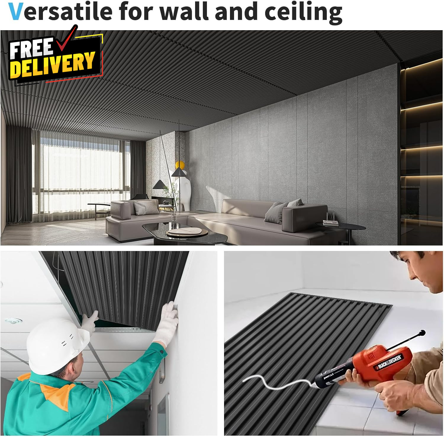 6 Pack 3D Slat Wall Panels 2x4ft PVC Decorative Ceiling Tiles Black
