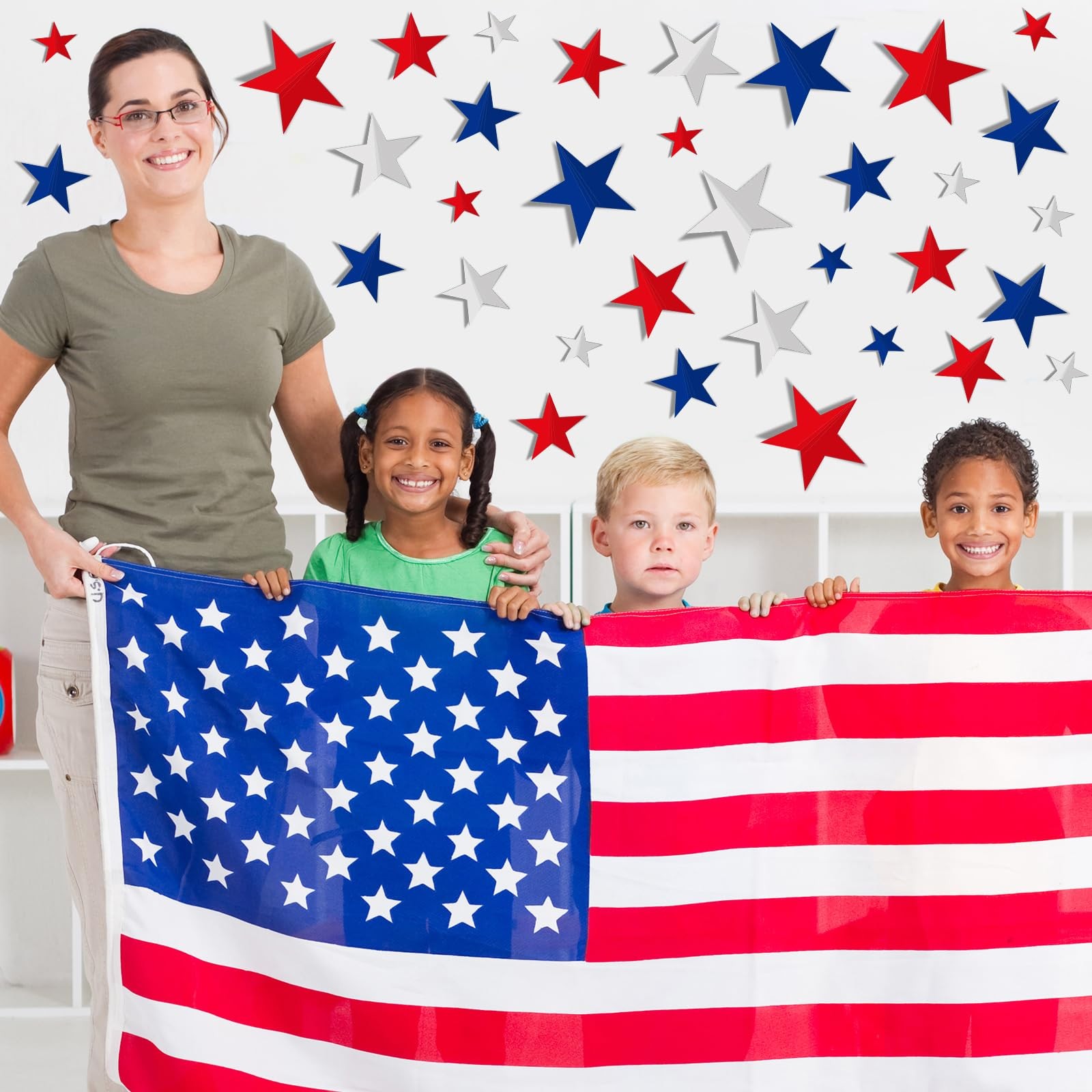 72Pcs 3D Patriotic Wall Stickers Red Blue White Star Window Decals 4th of July