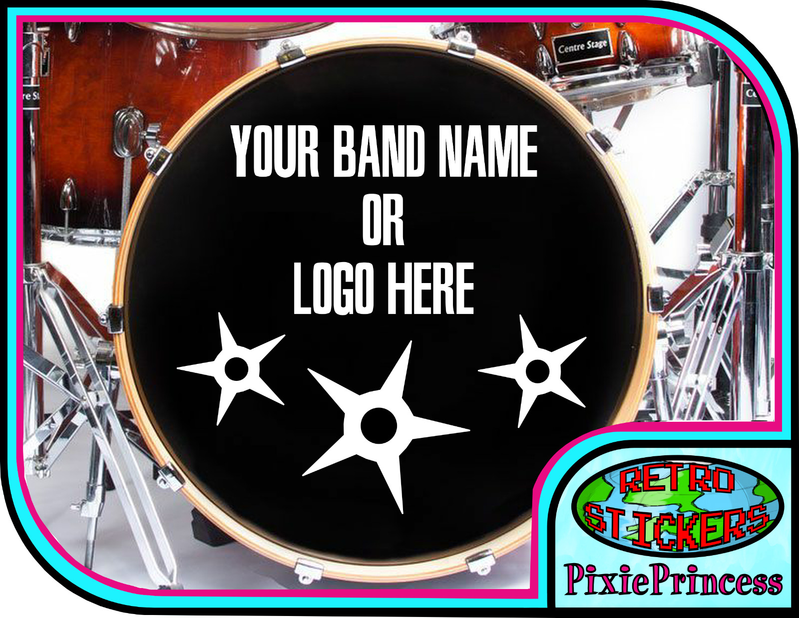 Custom Bass Drum Sticker Personalised Ribbon Name Logo Kick Drum Kit Vinyl Decal