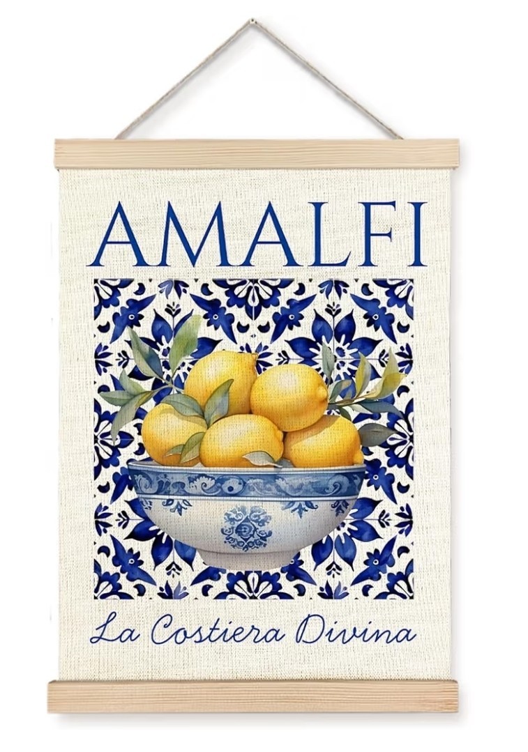 Italian Amalfi Coast Lemon Wall Art Poster, Blue and White Floral Med…