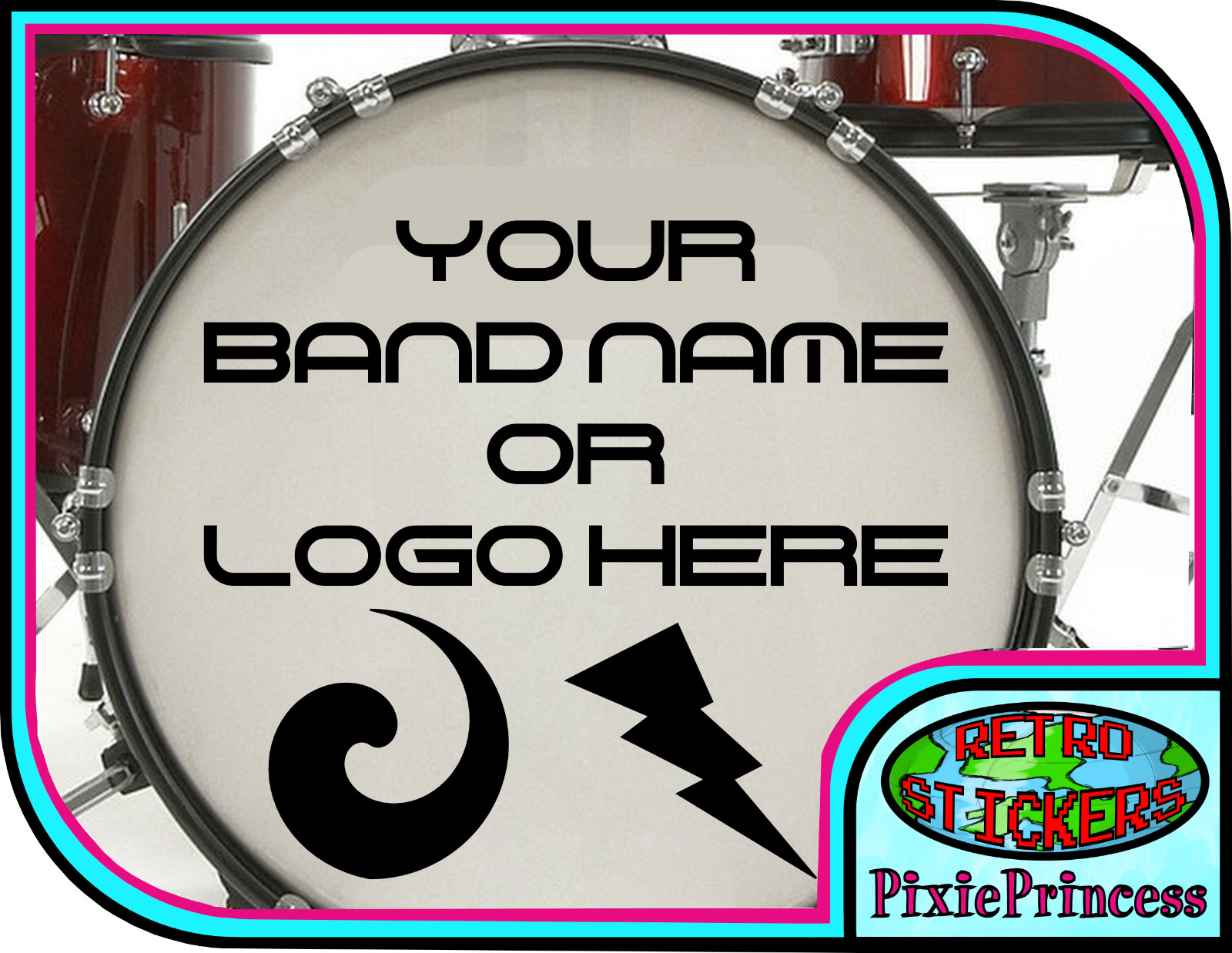 Custom Bass Drum Vinyl Sticker Personalised Ribbon Name Logo Kick Drum Kit Decal