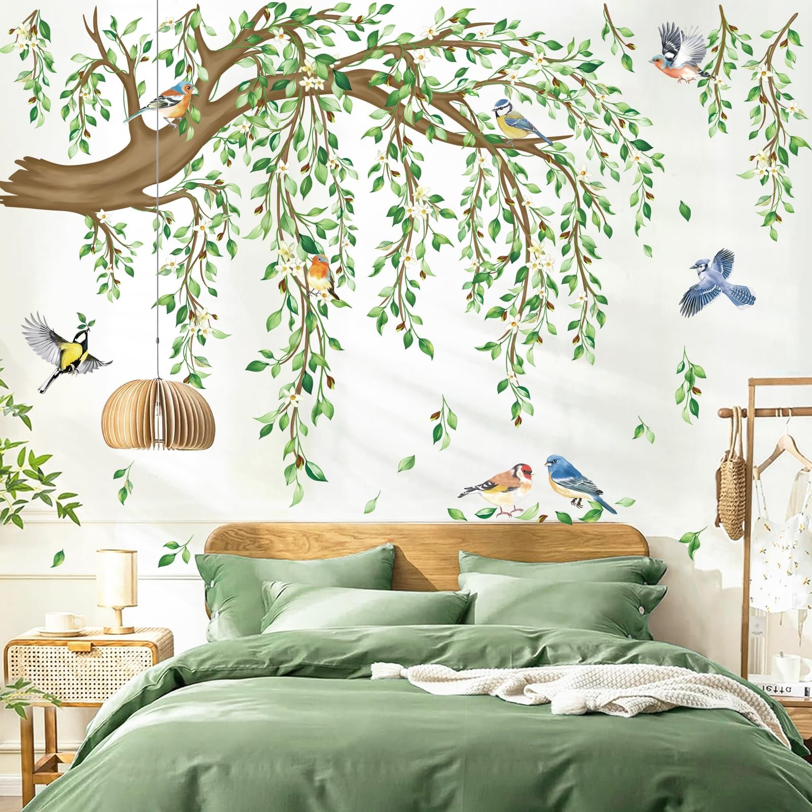 decalmile Hanging Vine Wall Decals Tree Branch Green Leaf Flower Birds Decor