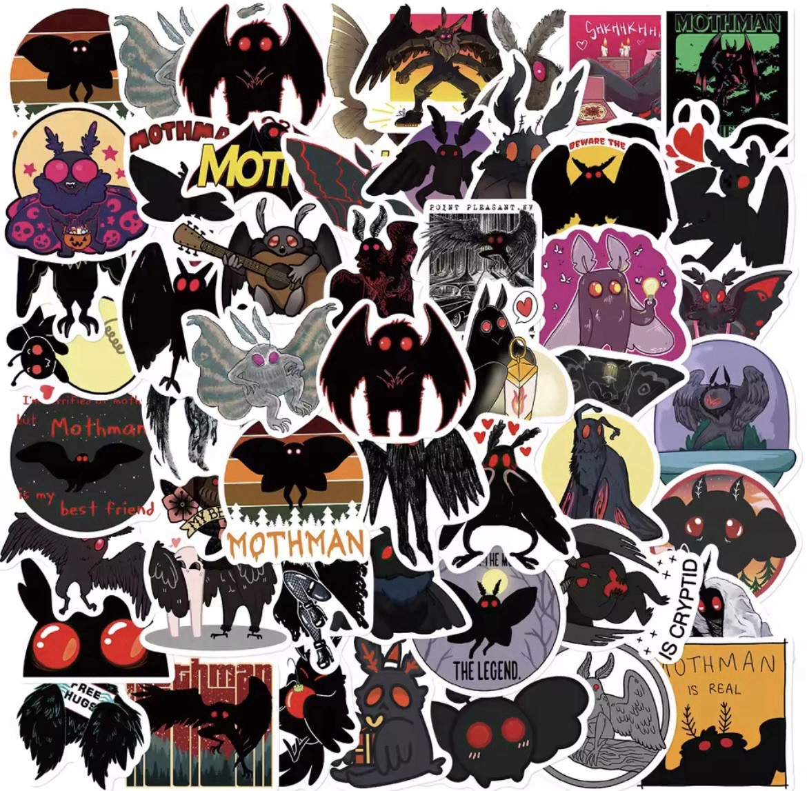 Mothman Cryptid Cartoon Style Stickers 50pk Mothman Fun Cryptids FREE SHIPPING