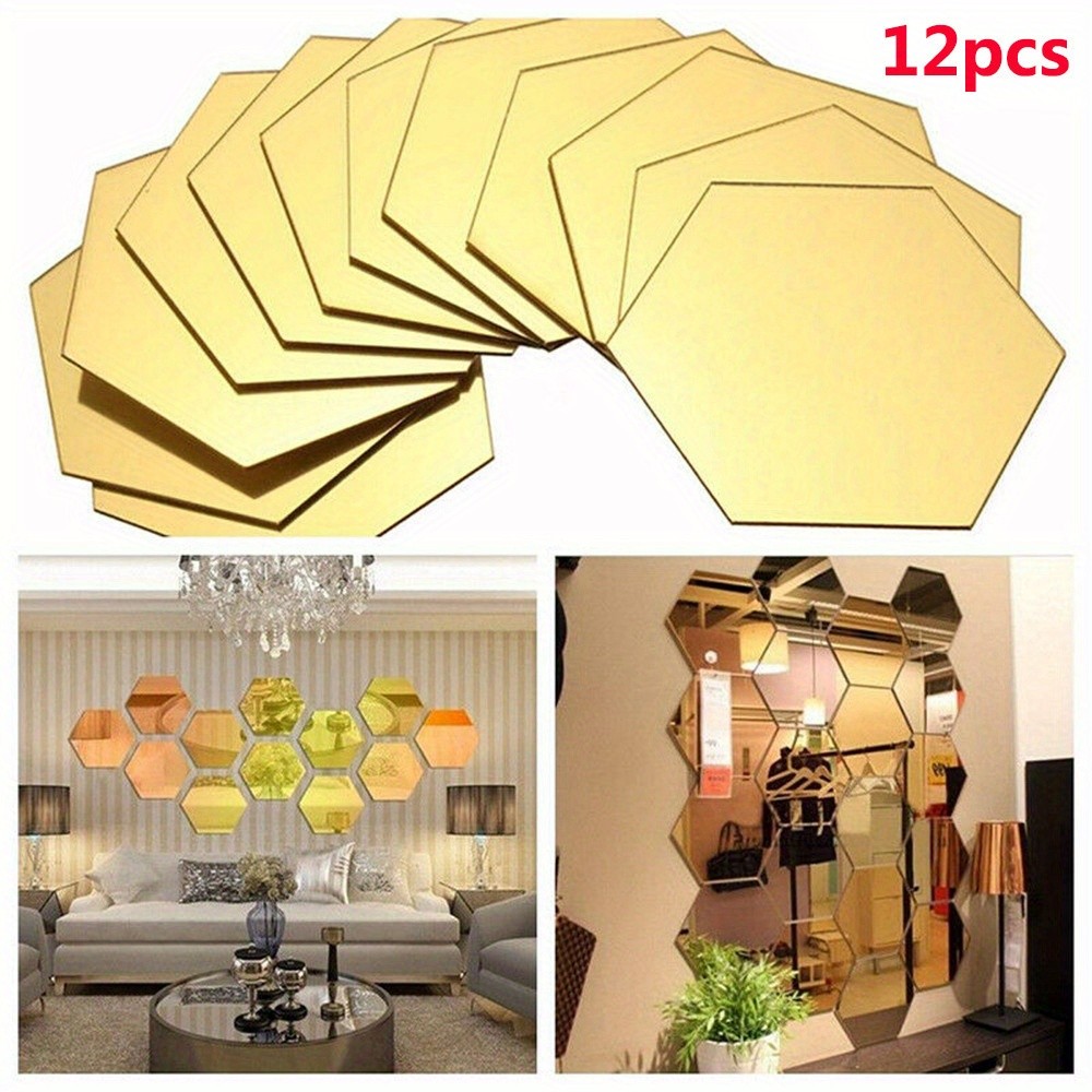 12Pcs/Set Hexagon Shape Mirror Panel Detachable Self-Stick Farmhouse Indoor Wall