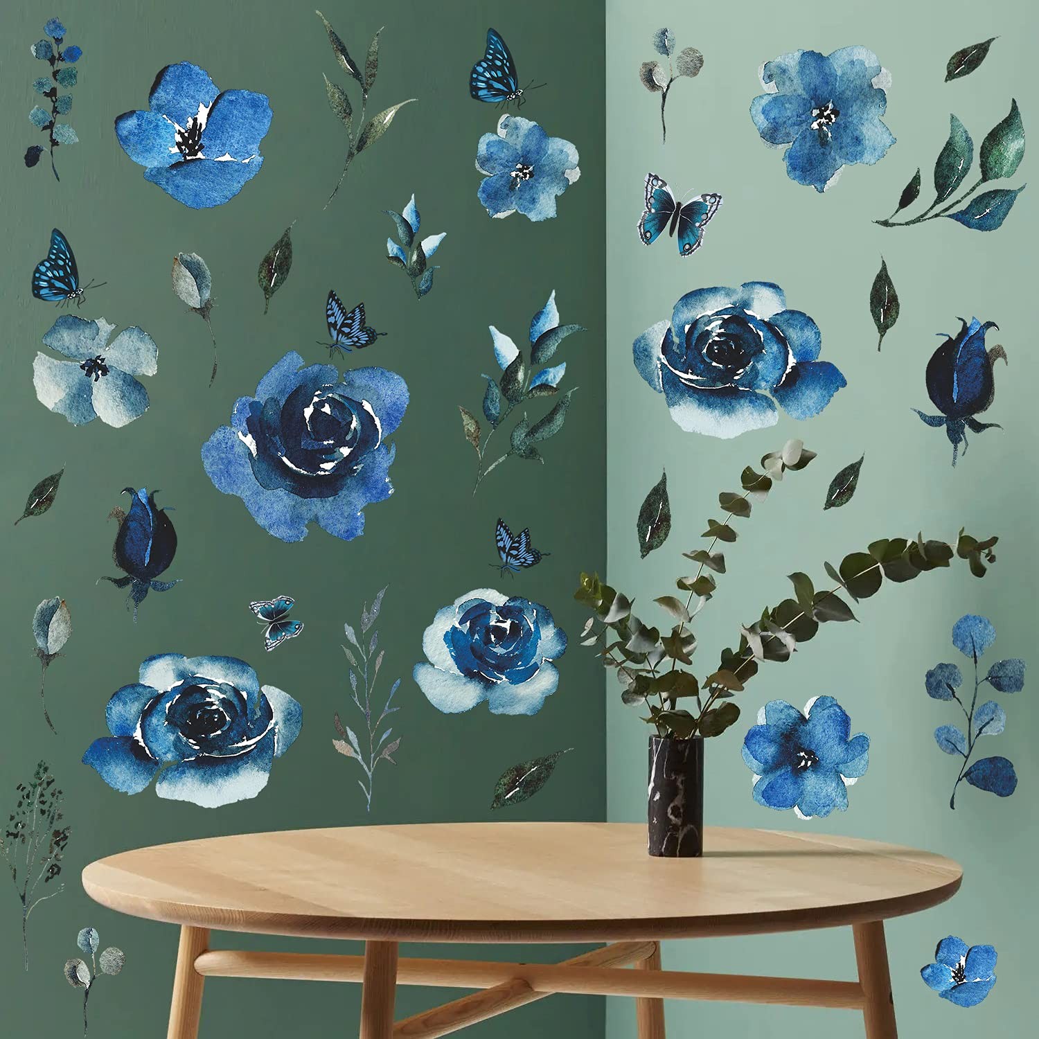 4 Sheets Watercolor Blue Roses Wall Decals Art 12 inch x 18 inch,