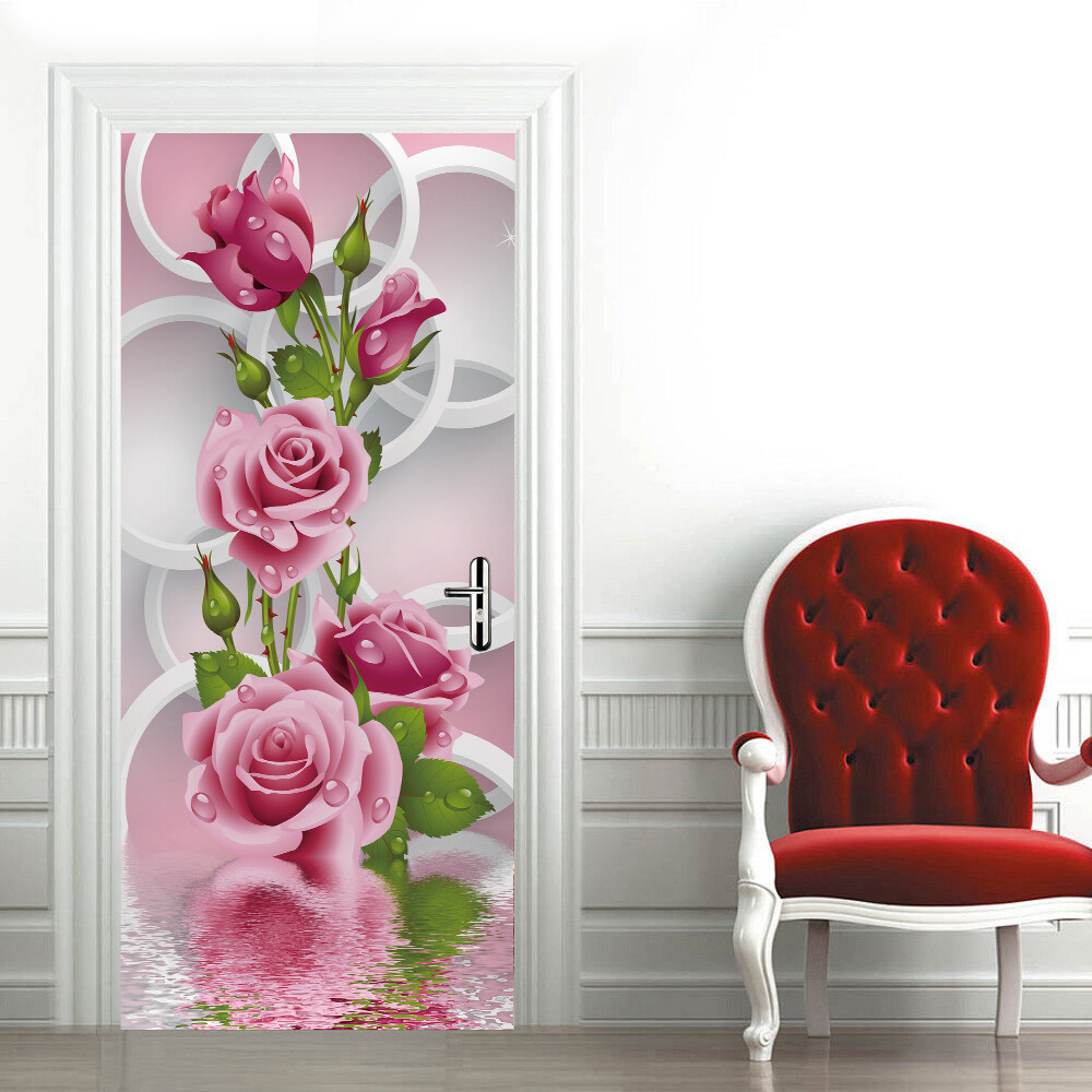 Door, Wall STICKER – Pink Flower 3D Self-adhesive Waterproof Murals Decal Cover