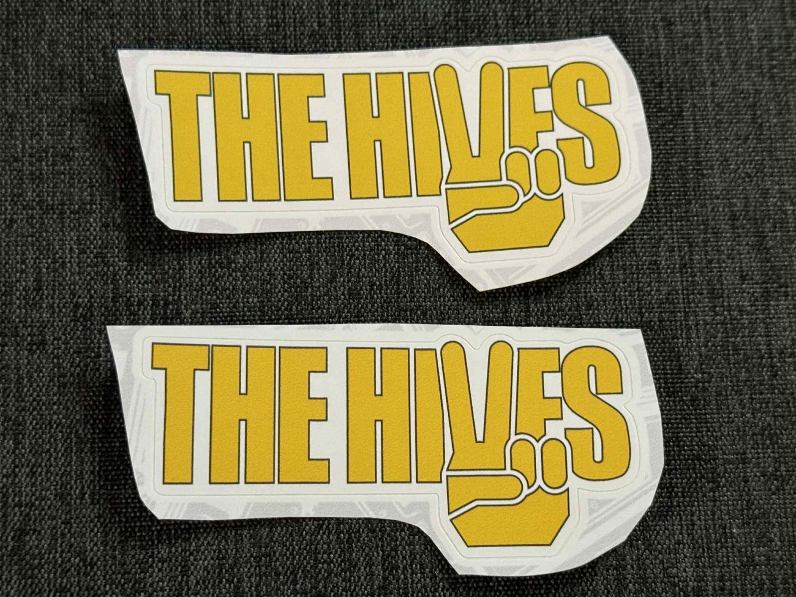 Lot (2) THE HIVES 1 1/2″ x 3 1/2″ Band Logo STICKERS Yellow White FAST! FREE!