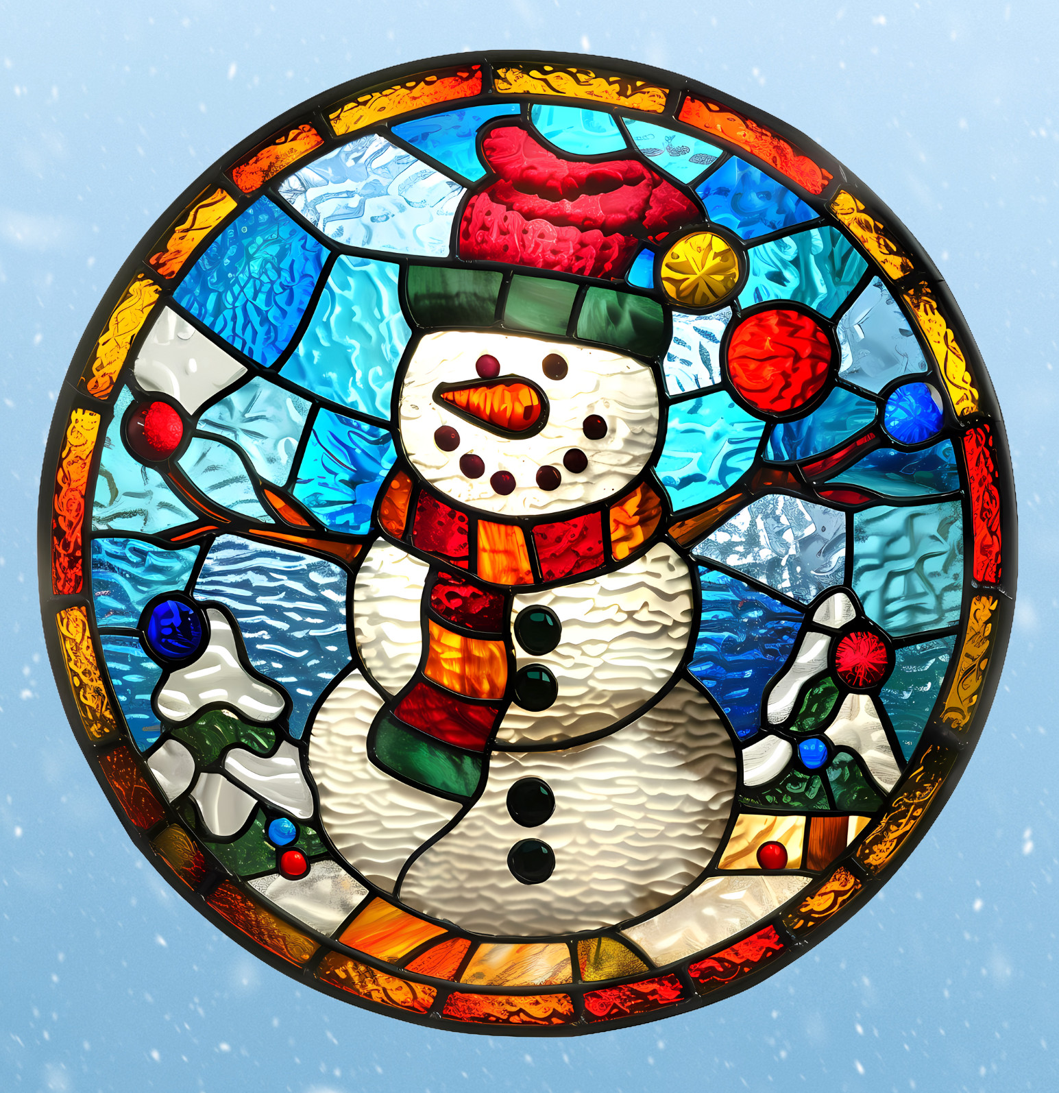 Snowman Faux Stained-Glass WINDOW CLING Sun-catcher Size 8″ Round Vinyl