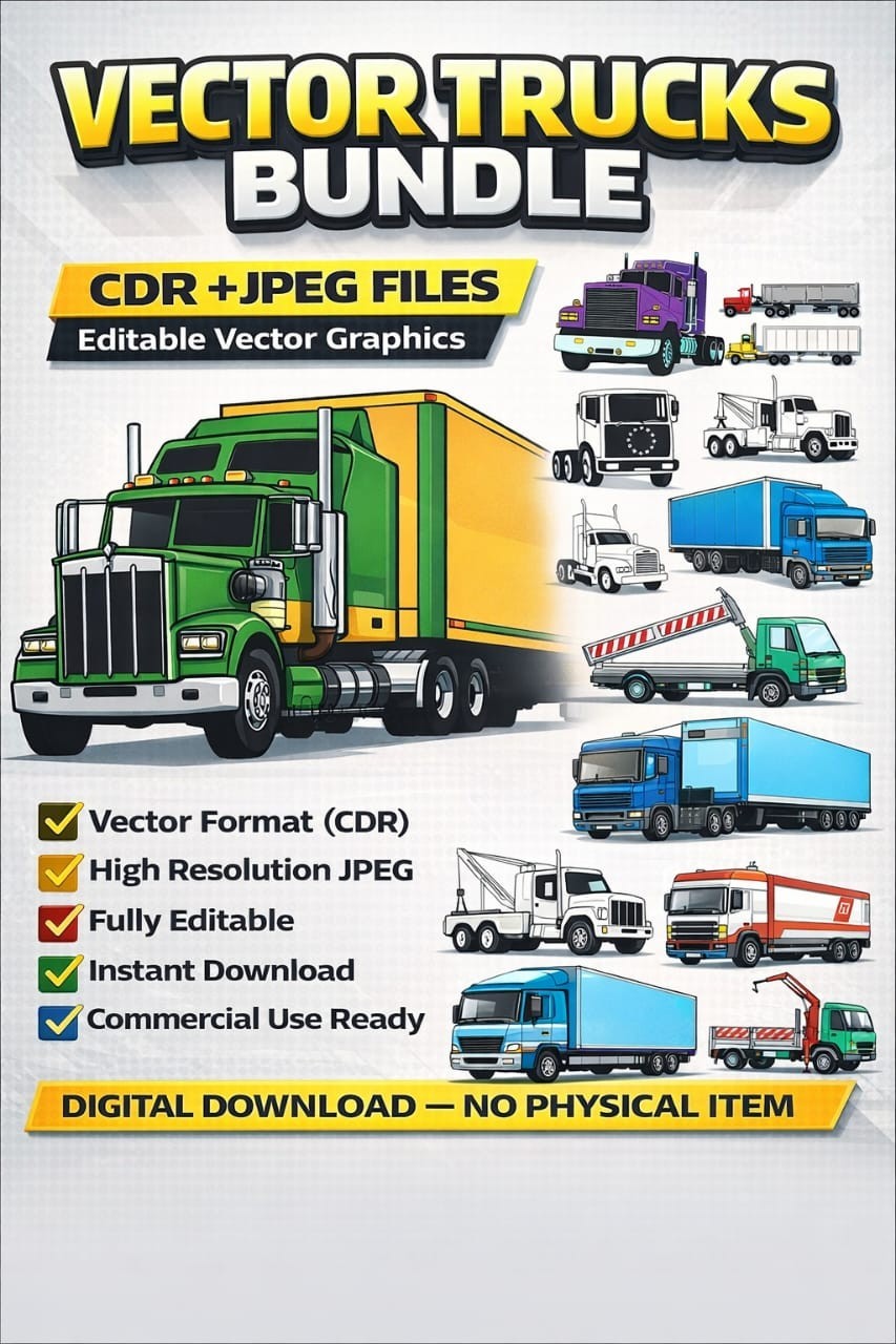 Vector Trucks Bundle, Truck Vector CDR Files, Editable Truck Clipart-Vector CDR