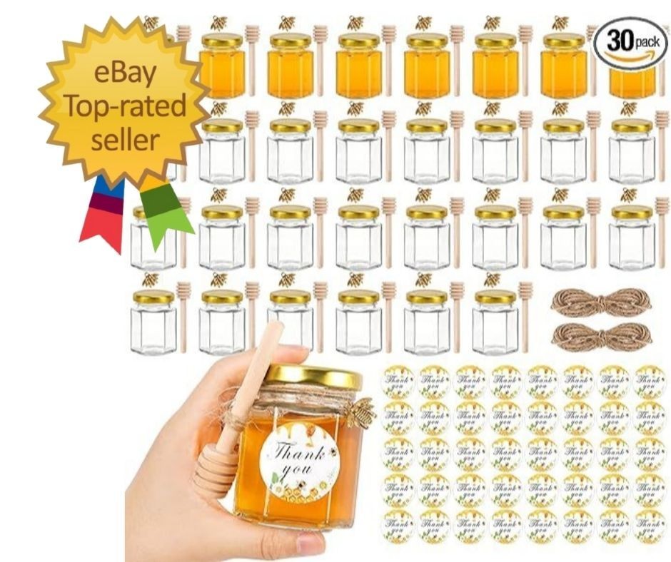 3oz Mini Honey Jars with Dipper 30Pack, Empty Glass Jars for Baby Shower Favors/