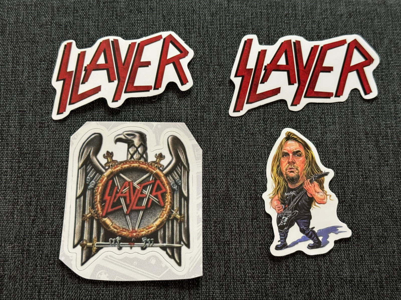 Lot of 4 SLAYER 1 1/2″ to 2 3/4″ Band Logo STICKERS Jeff Hanneman FREE SHIP