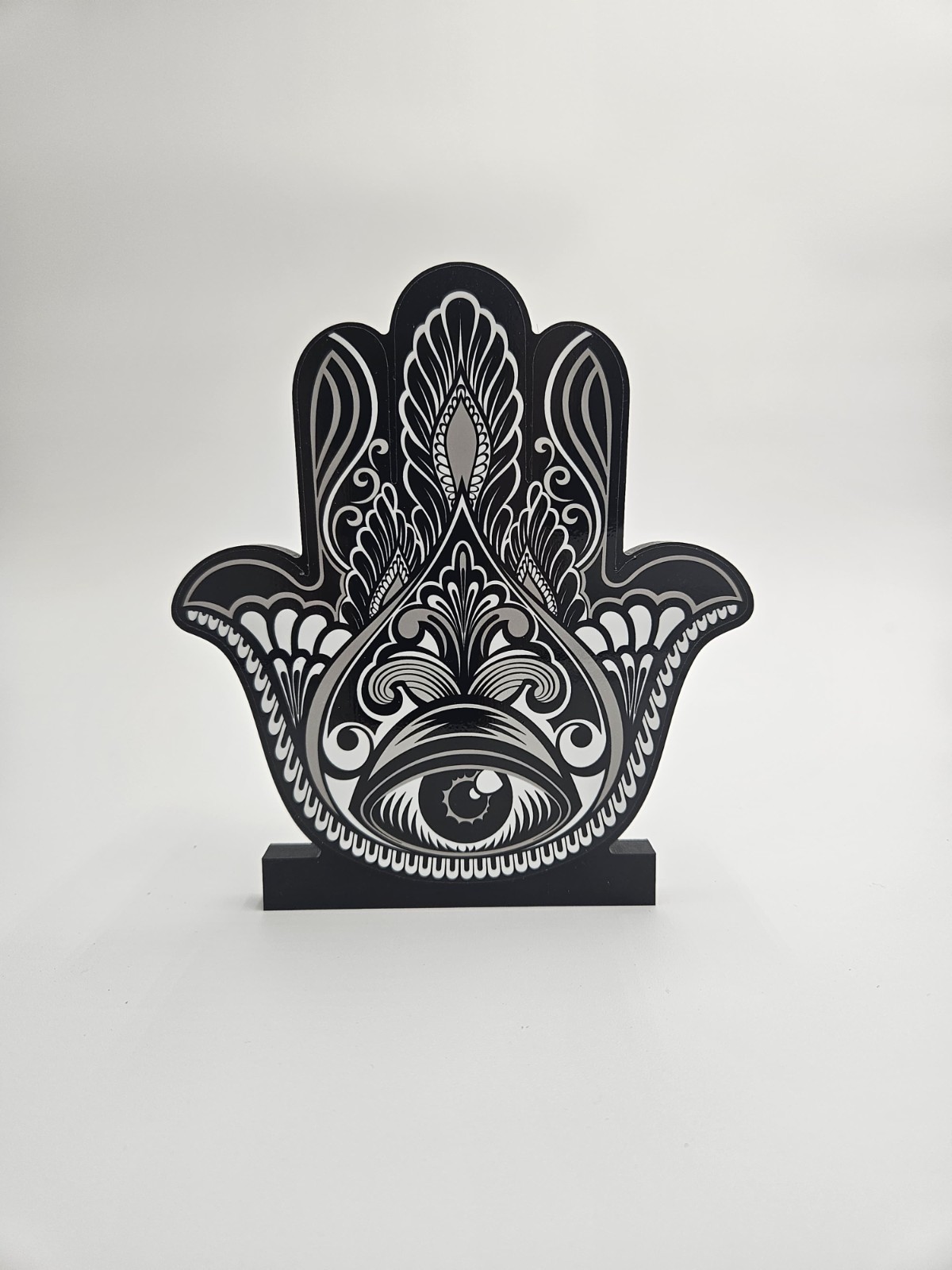 Hand of Hamsa in Acrylic Black and White 5.5″ W x 7.25″ H x .5 Thick