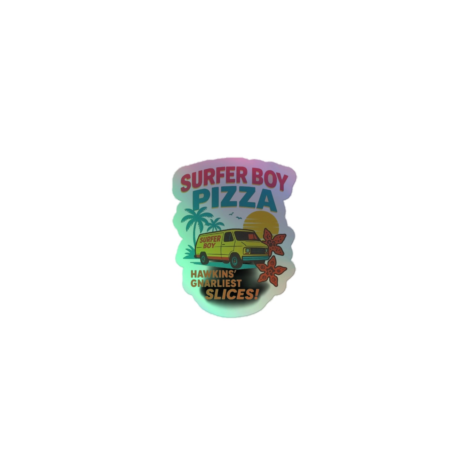 Stranger Things Inspired Surfer Boy Pizza Retro T-Shirt 80s Holographic stickers
