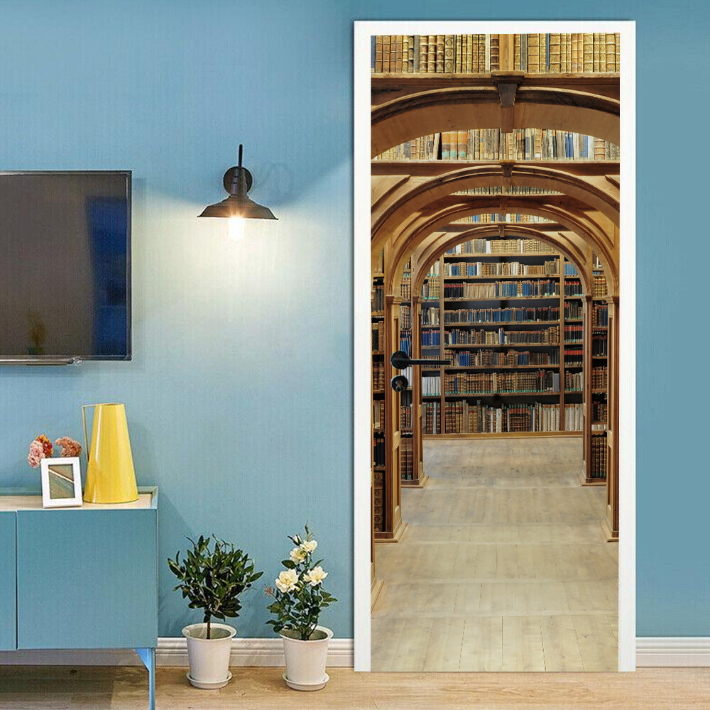 Door Sticker Library Retro Bookshelf Wall Decals Mural 3D Waterproof Wallpaper