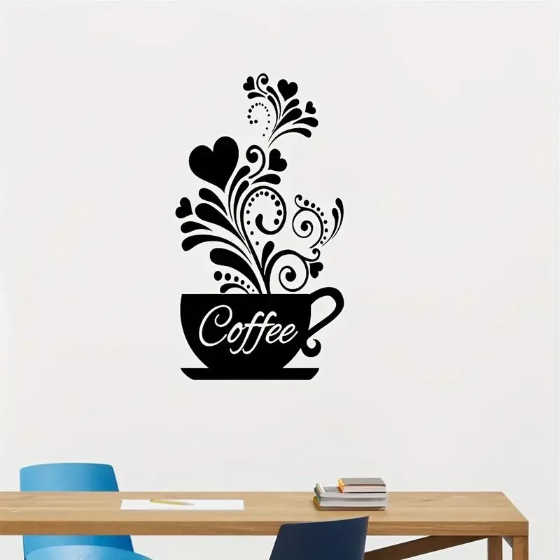 Black Flower Potted Coffee Pattern Wall Sticker Removable Wall Decals