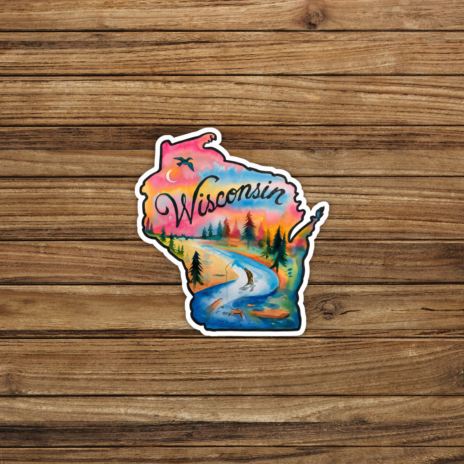 Colorful Wisconsin Watercolor Sticker – Fly Fishing in Nature Wilderness Decal #